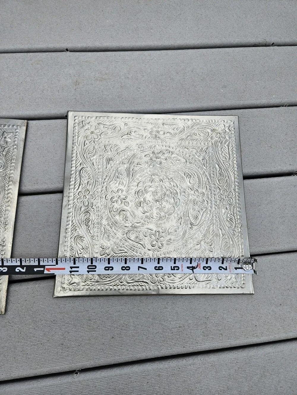 Pair Hosley Silver Metal Wall Tiles Embossed Floral Plaques Boho Shabby Chic 12